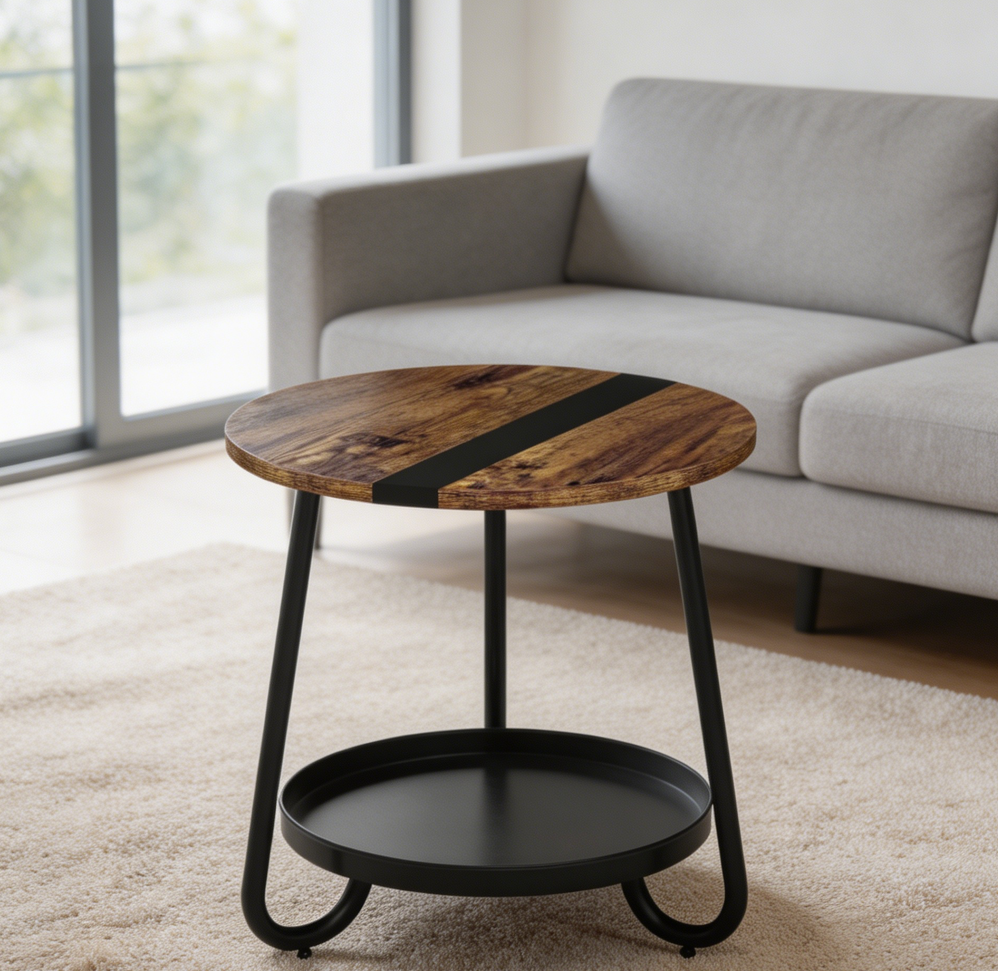 Round 2-Tier Industrial Coffee Table Metal Tray Rustic Brown - Image 2