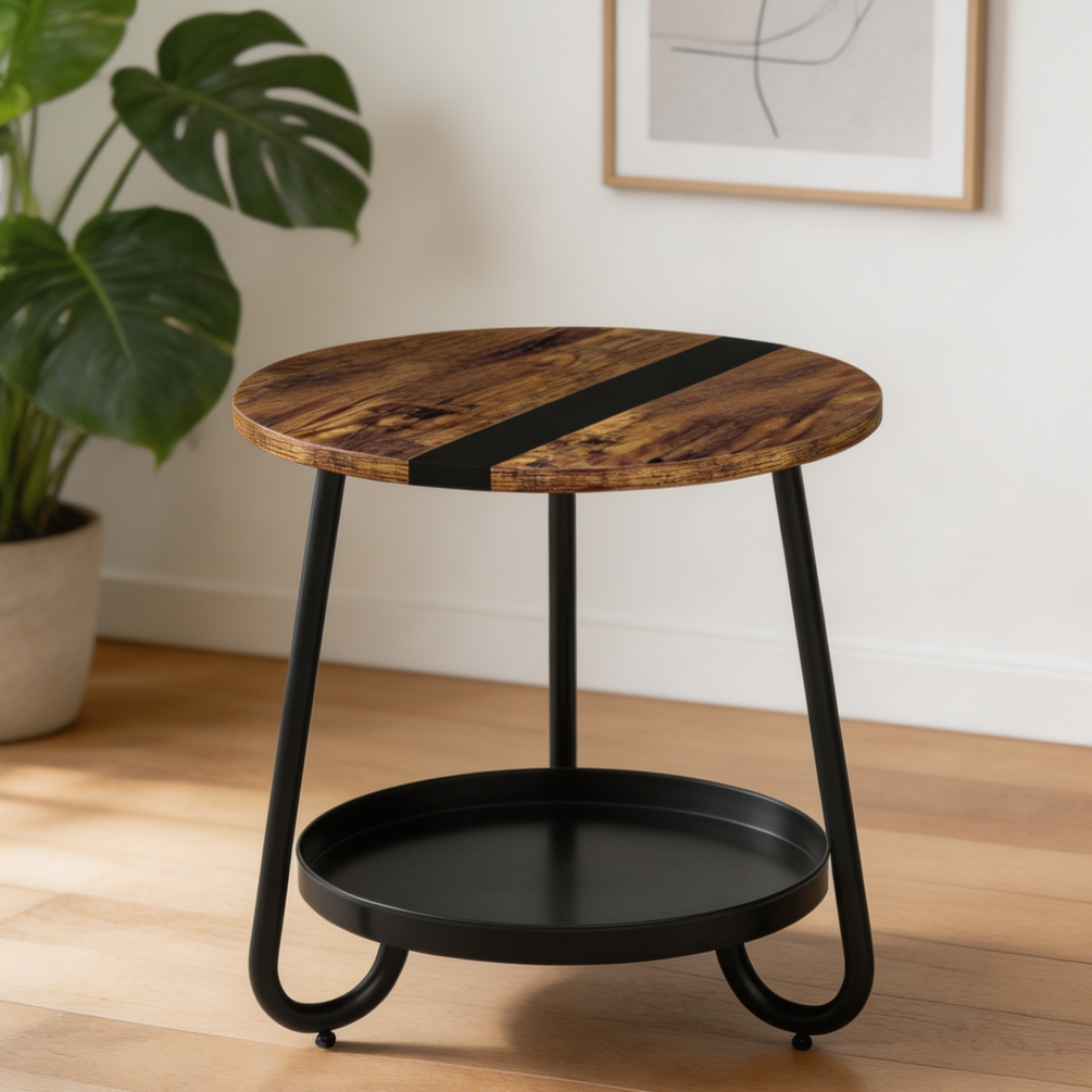 Round 2-Tier Industrial Coffee Table Metal Tray Rustic Brown