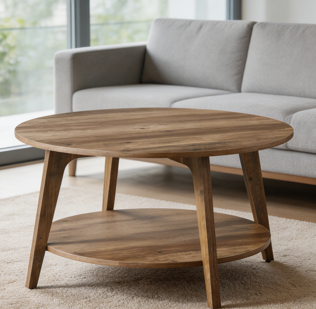 Round 2-Tier Coffee Table with Storage Tapered Legs Honey Brown - Image 2