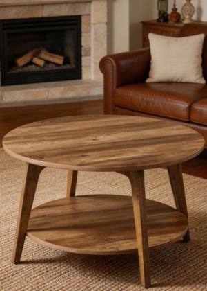 Round 2-Tier Coffee Table with Storage Tapered Legs Honey Brown