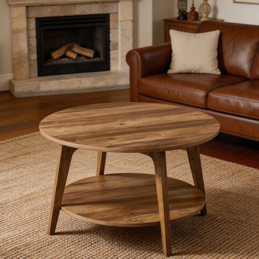 Round 2-Tier Coffee Table with Storage Tapered Legs Honey Brown